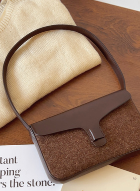 韩系ins复古气质毛呢腋下包撞色法棍包翻盖手提包毛绒单肩包2025