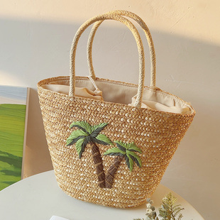 ins手工椰树刺绣草编包海边度假沙滩包大容量单肩包手提包托特包