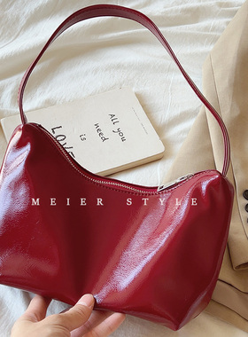 韩系ins复古气质腋下包漆皮亮面红色单肩包小众时尚手提包2022新