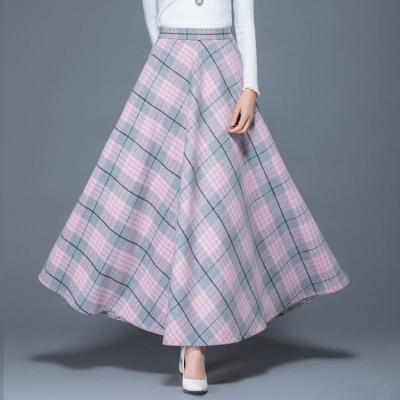 冬季粉色过膝保暖长裙半身裙毛呢