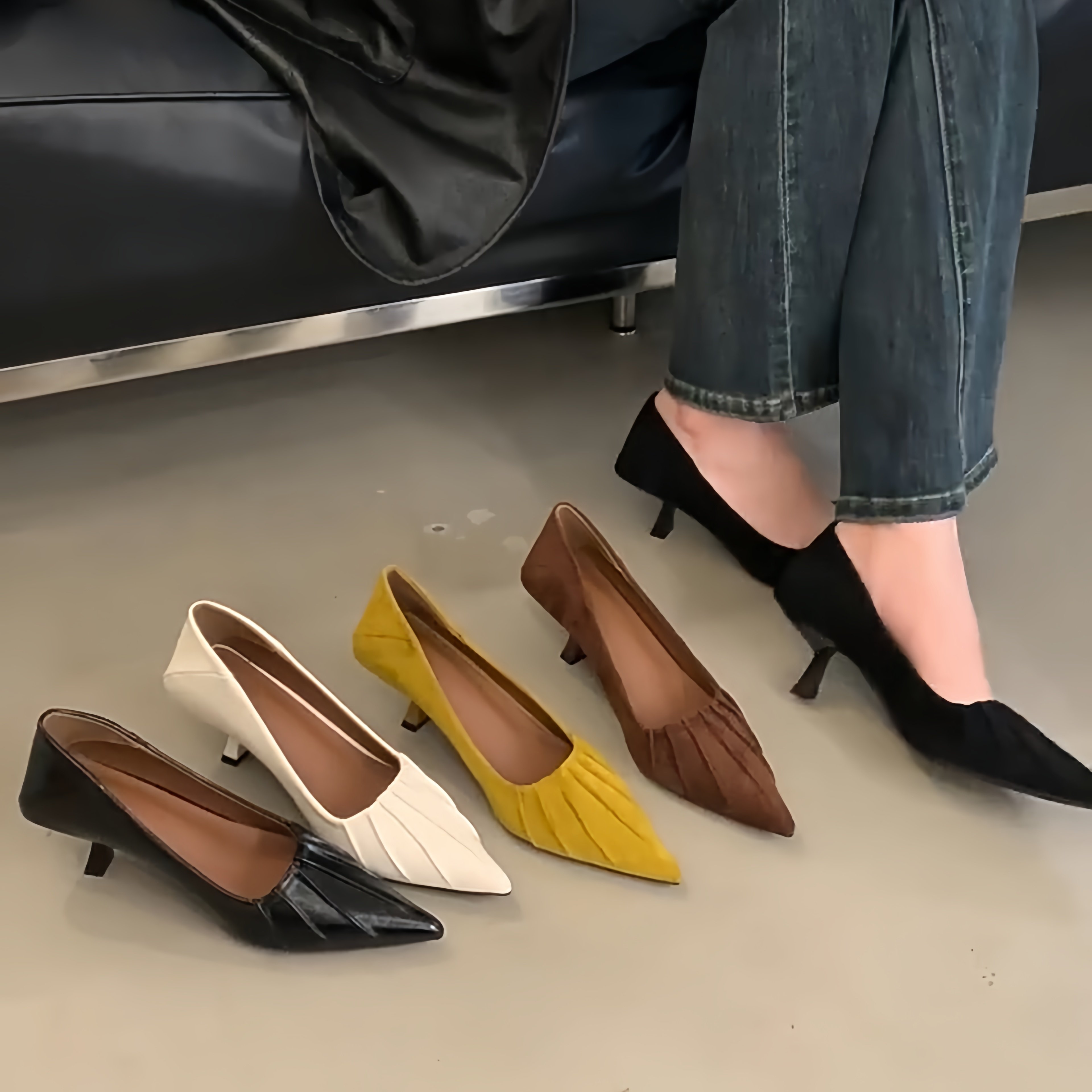 2026夏季新款法式尖头褶皱绒面细跟浅口高跟鞋女时尚百搭通勤单鞋