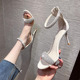女细跟一字带网红水钻水晶法式 白色露趾 2023年夏季 高跟鞋 新款 凉鞋