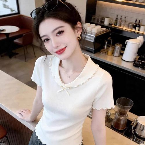 新品韩系甜美翻领蝴蝶结木耳边短袖针织衫女夏季新款修身显瘦上衣