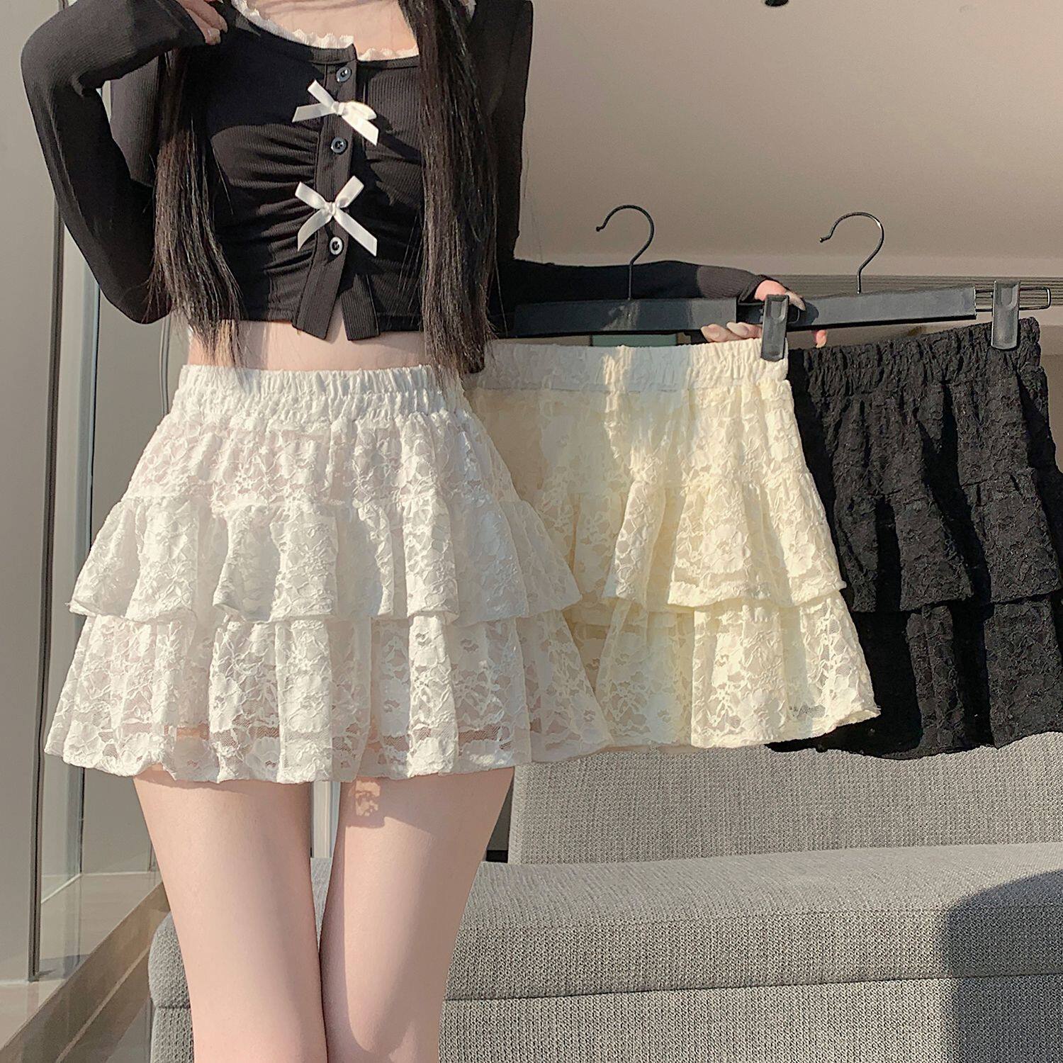 芭蕾风蕾丝拼接蛋糕裙半身裙女夏季防走光辣妹a字蓬蓬裙百褶短裙