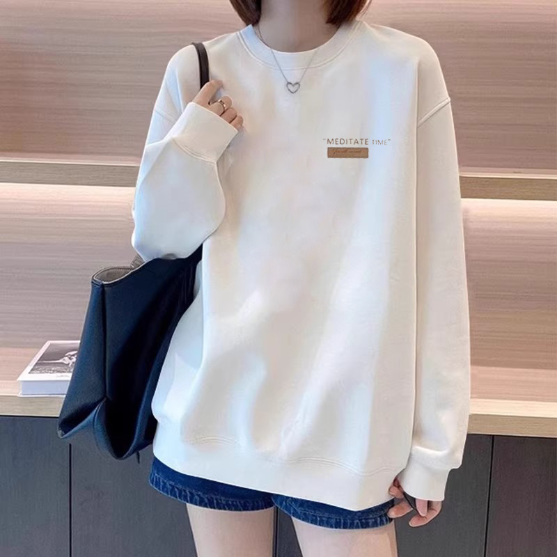 白色秋冬卫衣女款2025新款爆款时尚洋气宽松大码加绒圆领长袖上衣