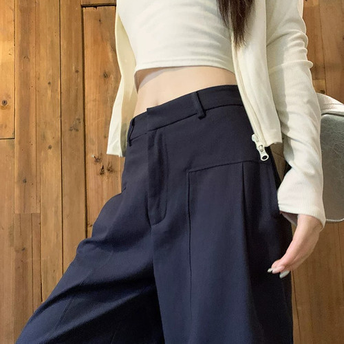 藏青色亚麻苎麻阔腿裤女夏季薄款高腰老钱风西装直筒棉麻休闲裤子