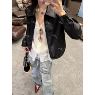 简约翻领显瘦设计师款 西西里 羊皮皮夹克GG77289 ENING