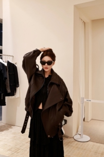 GG24 英胚羊羔双层领廓形绵羊皮外套 77127 杨树林 ENFUR