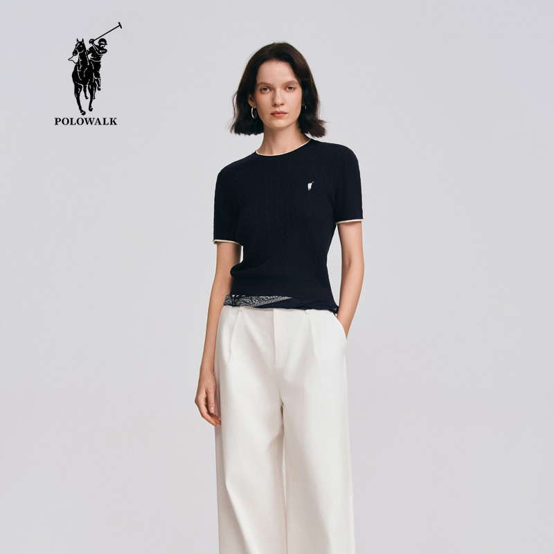 POLOWALK女式短袖针织衫2026春季新品亚麻混纺层次感罗纹圆领上衣,女装/女士精品,毛针织衫,淘宝优惠券,粉丝福利购,淘宝优惠卷
