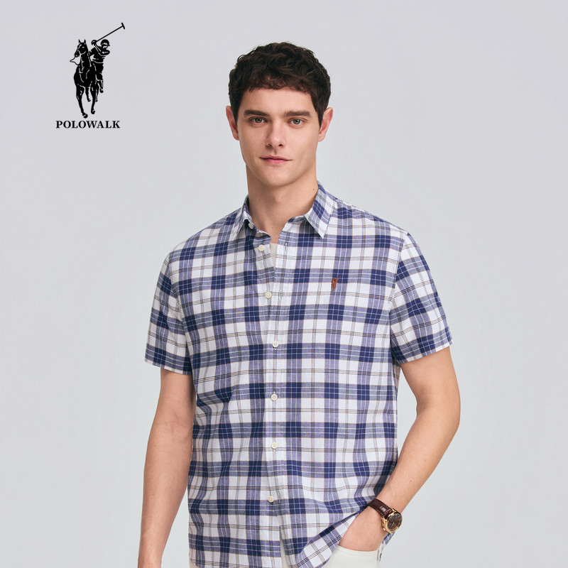 【100%棉】POLOWALK男式短袖衬衫2026春季新品翻领休闲格子衬衫,男装,衬衫,淘宝优惠券,粉丝福利购,淘宝优惠卷