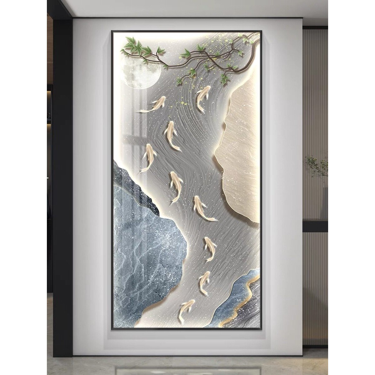 九鱼聚财led带灯轻奢入户玄关装饰画简约现代挂画走廊过道壁画