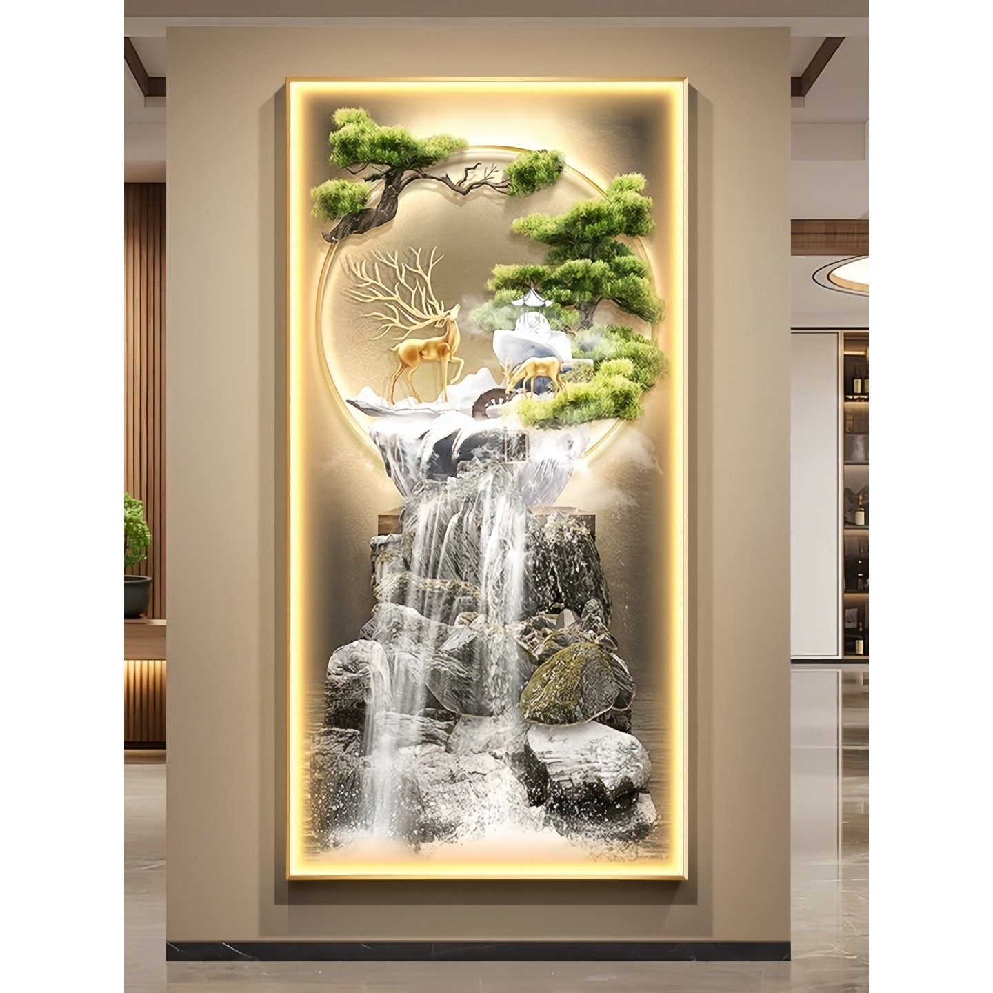 流水生财入户玄关装饰画迎客松挂画走廊尽头轻奢山水壁画LED灯画