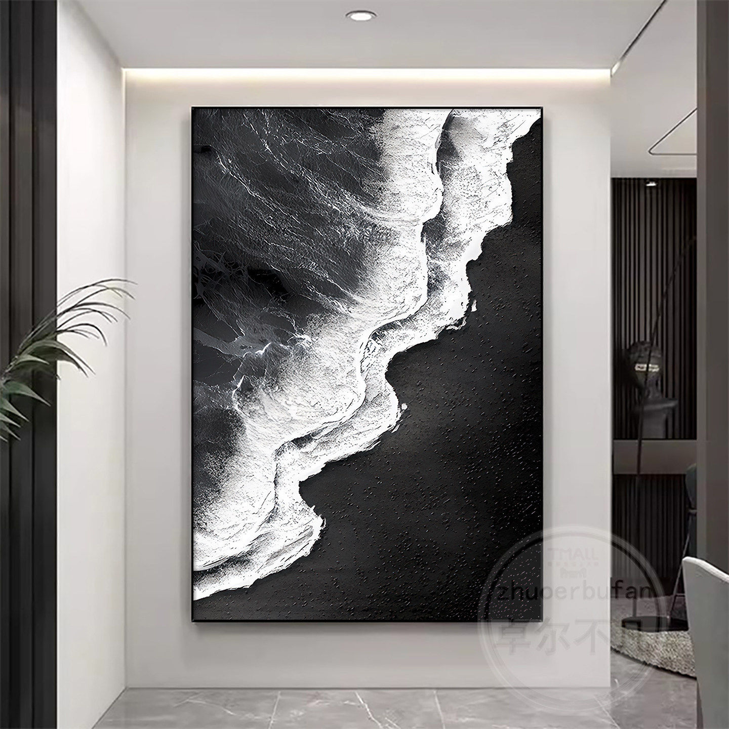 手绘油画黑白浪潮立体肌理抽象画玄关挂画客厅背景墙落地装饰画