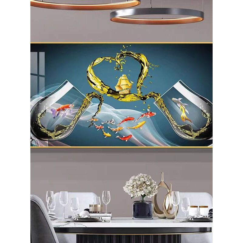 九鱼图餐厅装饰画轻奢现代简约饭厅酒杯壁画餐桌背景墙挂画高级感