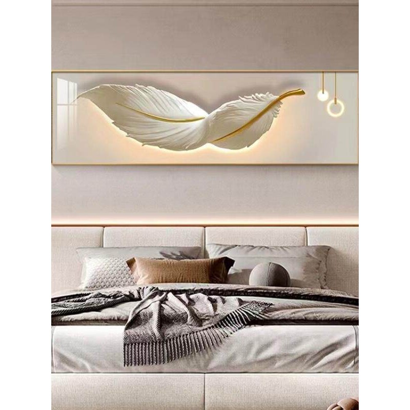 轻奢卧室装饰画床头挂画横幅现代简约主卧壁画金羽吉祥房间背景墙