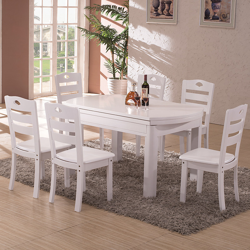 地中海餐桌椅组合6人实木伸缩圆形白色折叠圆餐桌小户型简约现代