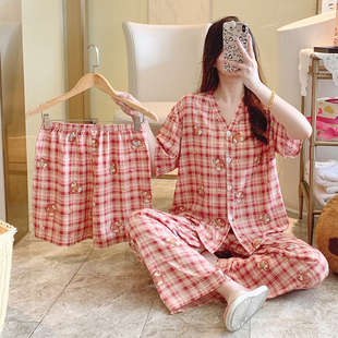 夏季薄款棉绸睡衣女短袖短裤长裤三件套格子家居服可外穿大码套装