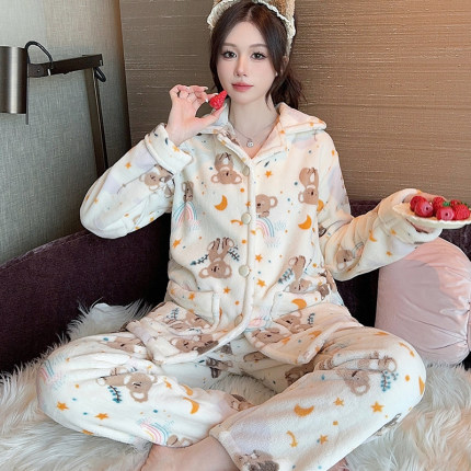 秋冬季保暖加绒加厚珊瑚绒睡衣卡通女法兰绒宽松大码家居服套装