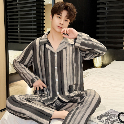 春秋棉绸睡衣男士开衫长袖夏季凉感家居服中老年爸爸款绵绸套装薄