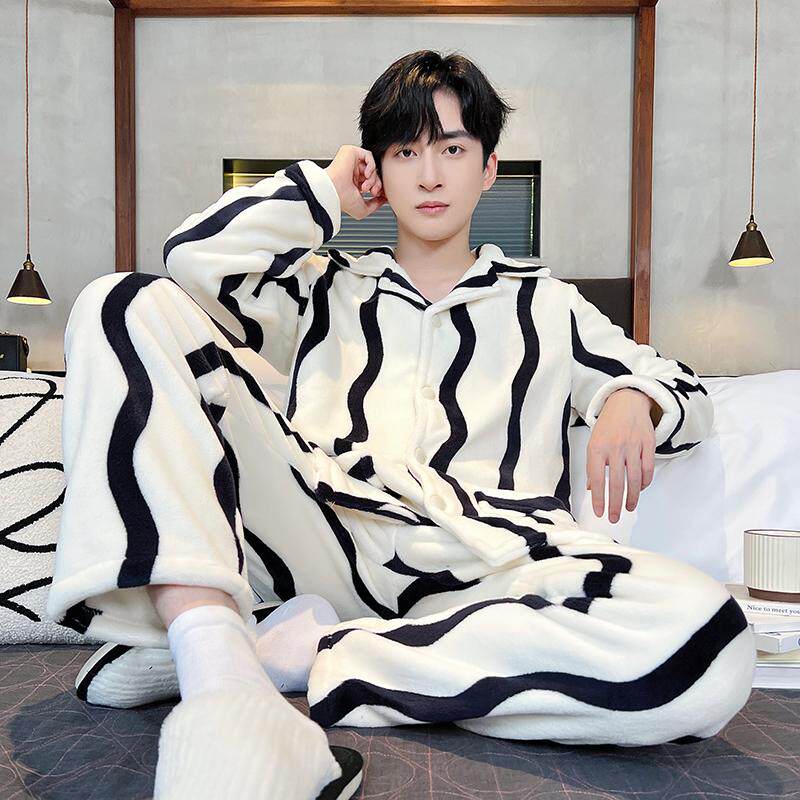 秋冬季新款加厚珊瑚绒睡衣男士套装加绒法兰绒家居服宽松开衫大码
