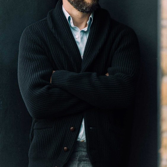 NVGS MFG CLASSIC BLACK SHAWL NECK CARDIGAN SWEATER JACKET WOOL SIMPLE SLIM URBAN BRITISH VINTAGE