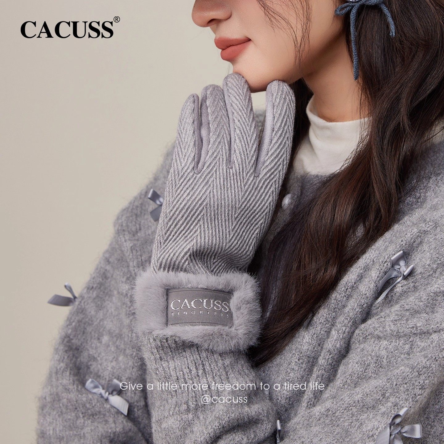 CACUSS手套女冬季新款加厚防寒保暖骑行防风含羊毛呢拼接分指手套