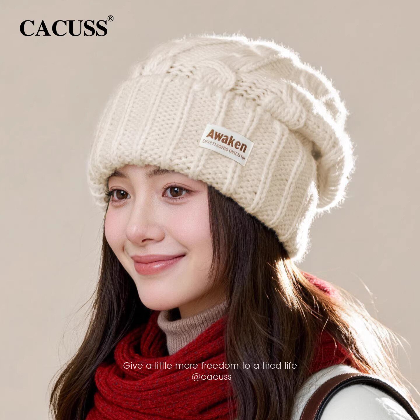 CACUSS冬季粗线麻花针织帽子保暖防寒卷边护耳毛线帽时尚堆堆帽女