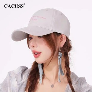 CACUSS棒球帽女2025春夏新款破洞字母刺绣鸭舌帽宽帽檐大脸显脸小