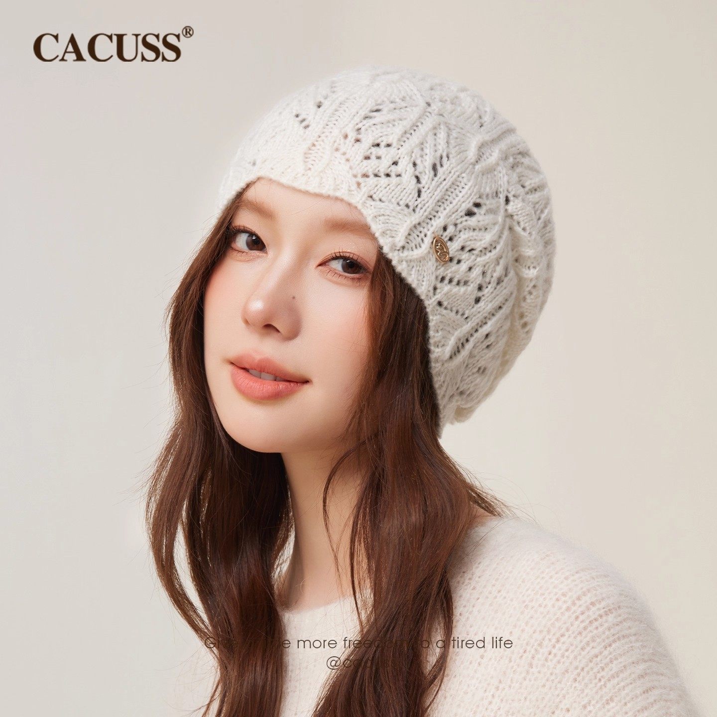 CACUSS镂空堆堆帽子女秋季针织帽钩花毛线帽大头围显脸小包头冷帽