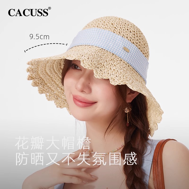 CACUSS2025新款草帽女款遮阳帽大帽檐春夏季防晒帽子蝴蝶结渔夫帽