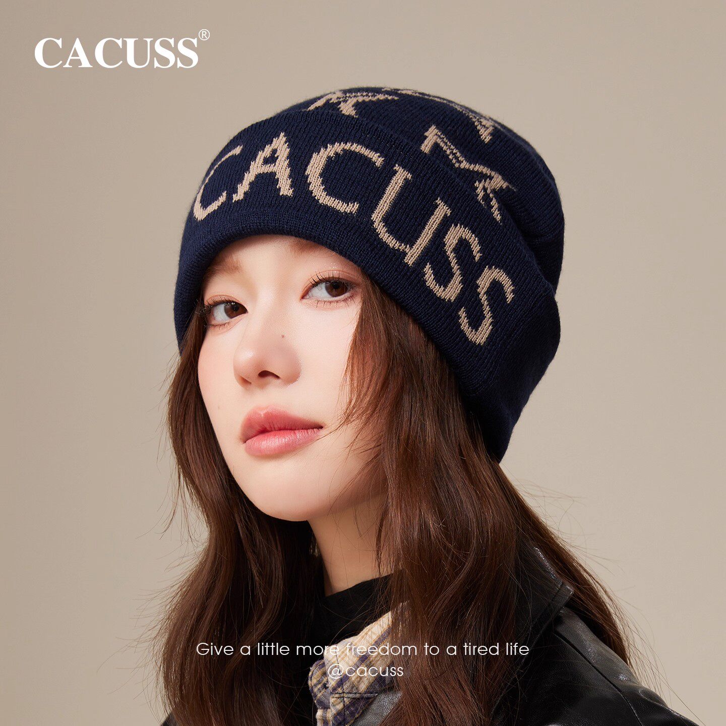 CACUSS字母提花针织帽子女士冬季时尚羊毛毛线帽加厚保暖护耳冷帽