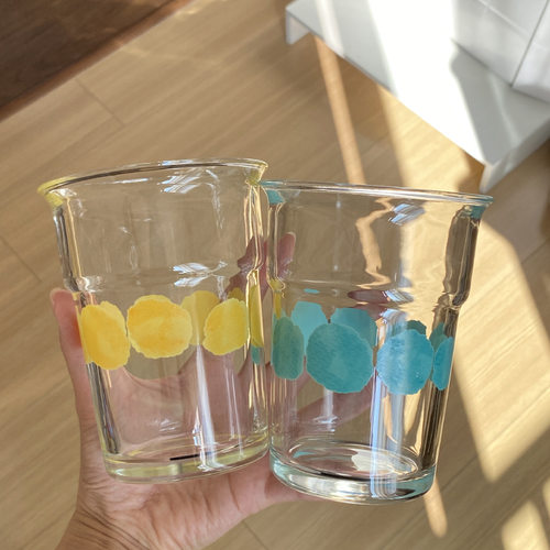 复古水墨晕染玻璃杯蓝色波点水杯ins简约大容量冷饮果汁杯中古风