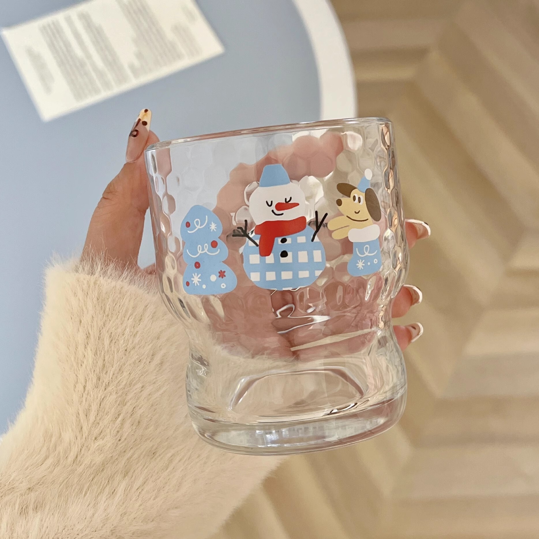 韩式雪人小狗玻璃杯高颜值咖啡杯圣诞节礼物套装带把早餐牛奶杯子