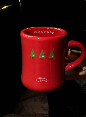 2026新年红色小树收腰马克杯ins简约小众卡通陶瓷咖啡杯喝水杯子