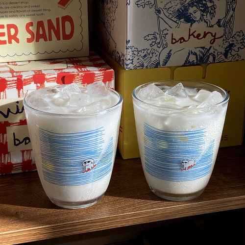 手绘冲浪小狗钢化玻璃杯 小众涂鸦小猫咖啡杯早餐牛奶杯水杯300ml