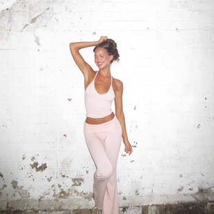 欧美csb*同款辣妹轻薄浅粉色瑜伽普拉微喇长裤运动挂脖吊带