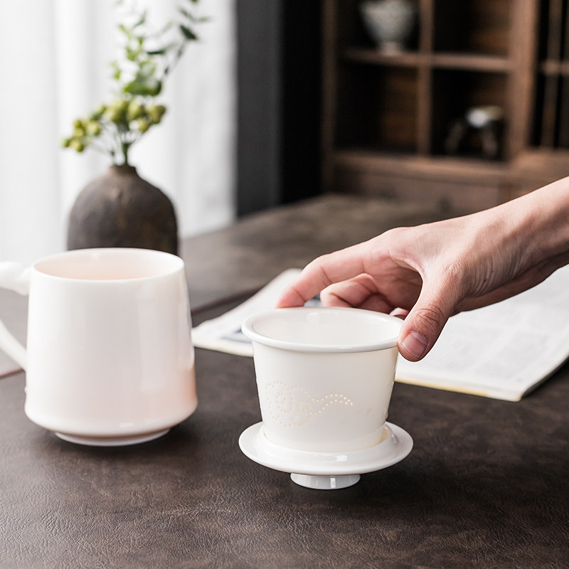 羊脂玉白瓷马克杯茶水分离带盖泡茶杯陶瓷水杯家用会议办公杯定制