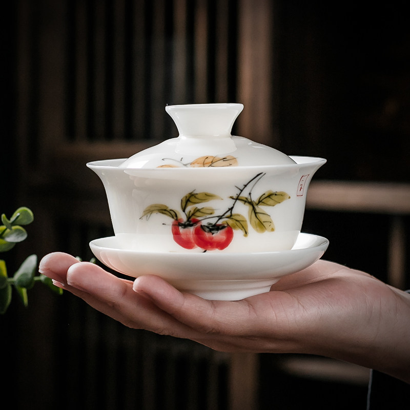 羊脂玉纯手绘事事如意盖碗茶杯单个高端家用功夫泡茶碗防烫冲茶器