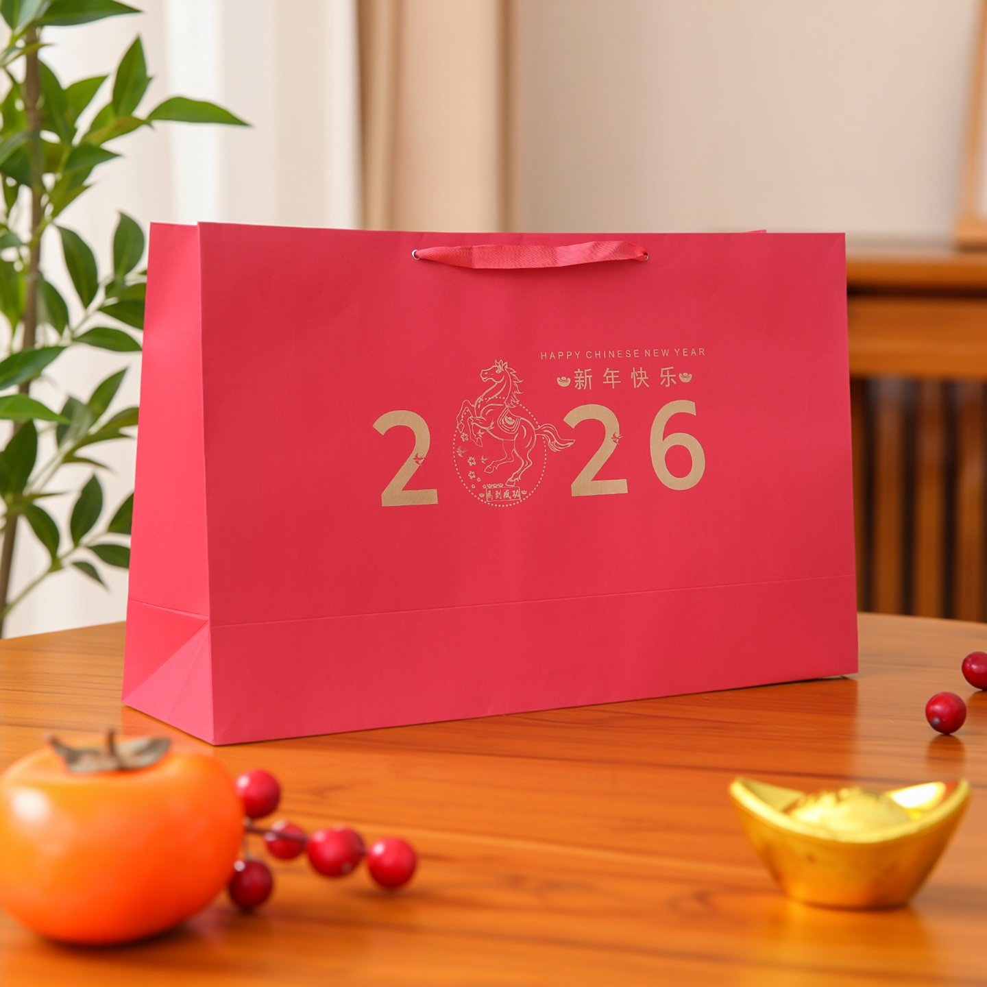 2026新年快乐红色礼品袋马年手提袋送礼包装袋春节纸袋大号特大号