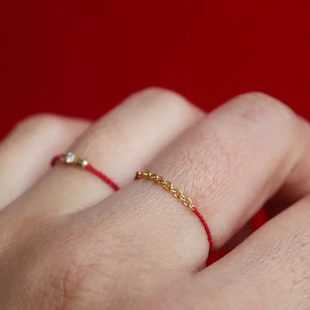 黄金链条戒指女足金极细手工本命年法式红绳指环可调节送闺蜜礼物