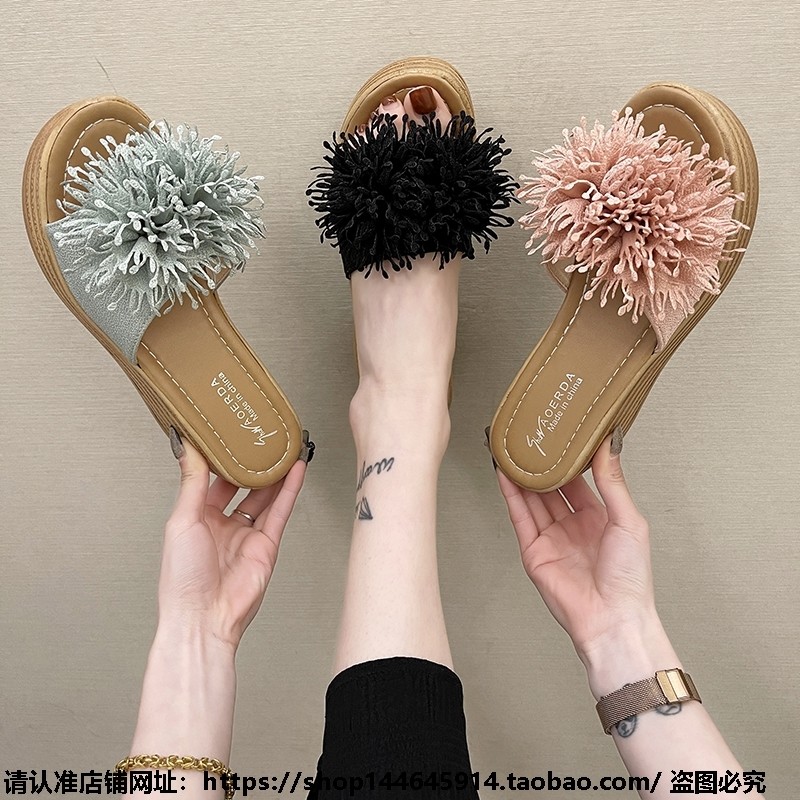 潮款坡跟拖鞋女夏外穿韩版时尚百搭高跟凉拖鞋厚底松糕沙滩一字拖,女鞋,一字拖,淘宝优惠券,粉丝福利购,淘宝优惠卷