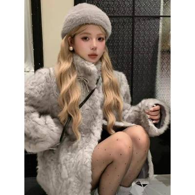 2025冬新款羊羔毛外套女立领染尖水貂绒皮毛一体环保皮草毛毛大衣