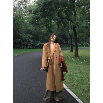 棕色呢子大衣女2025新款秋冬季中长款小个子正肩羊毛夹棉加厚外套