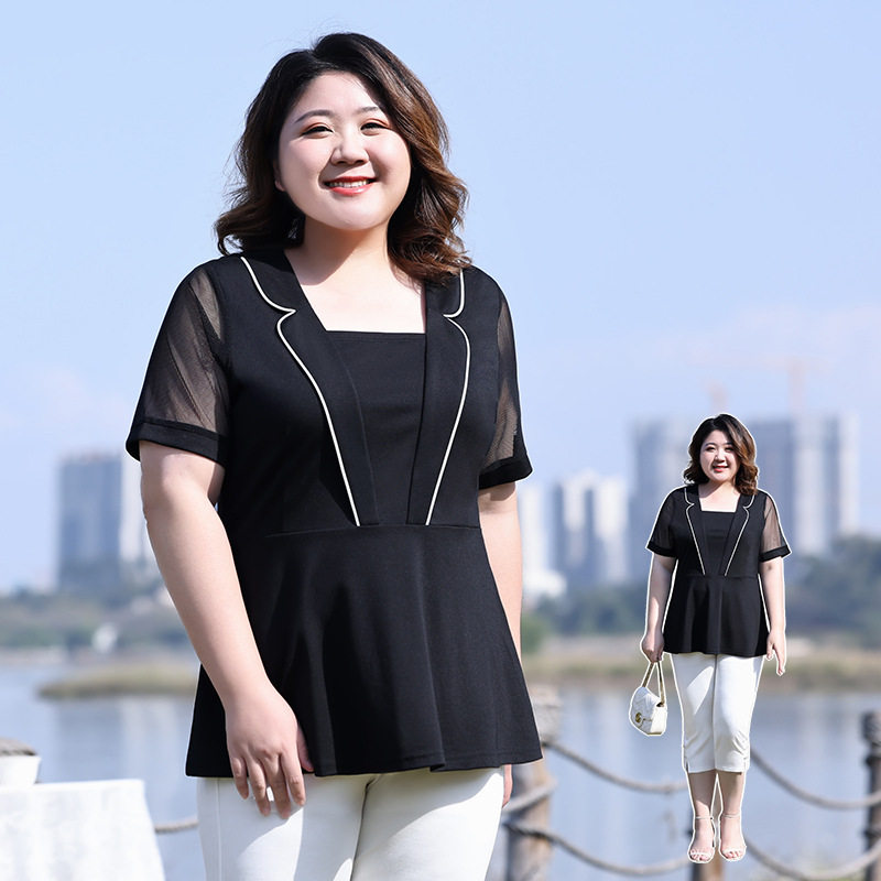 大码女装夏季方领上衣2026新款胖mm200斤遮肚显瘦黑色短袖上衣女