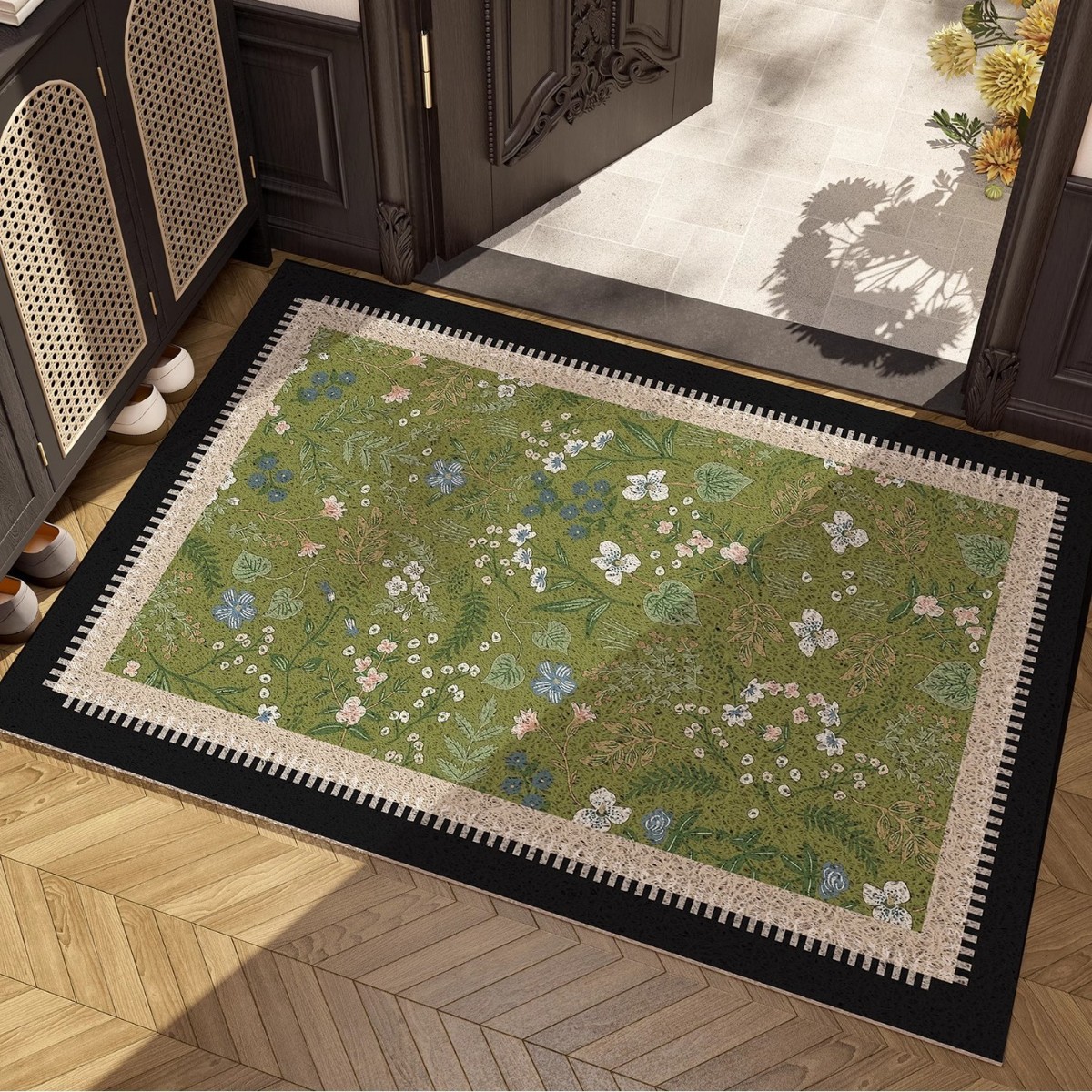 入户门地垫丝圈2025新款家用法式中古风地毯绿色耐脏防滑蹭土脚垫