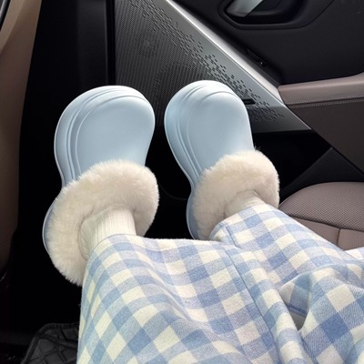 毛绒棉拖鞋厚底增高厨师鞋秋冬保暖可外穿包头棉鞋防滑防水毛毛鞋