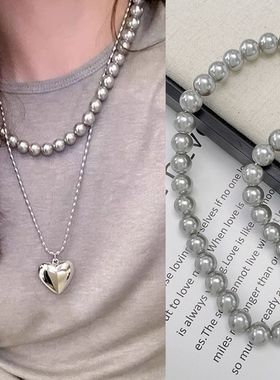 韩国ins银色串珠爱心项链搭配卫衣毛衣链子长款高级感轻奢吊坠女
