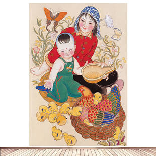 年画70年代怀旧农村七八十年代农家乐喂小鸡年画福娃孕期备孕墙贴