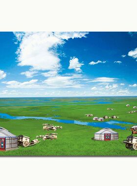 内蒙古大草原海报蓝天白云风景画单幅餐厅牛羊吃草蒙古包贴画f05