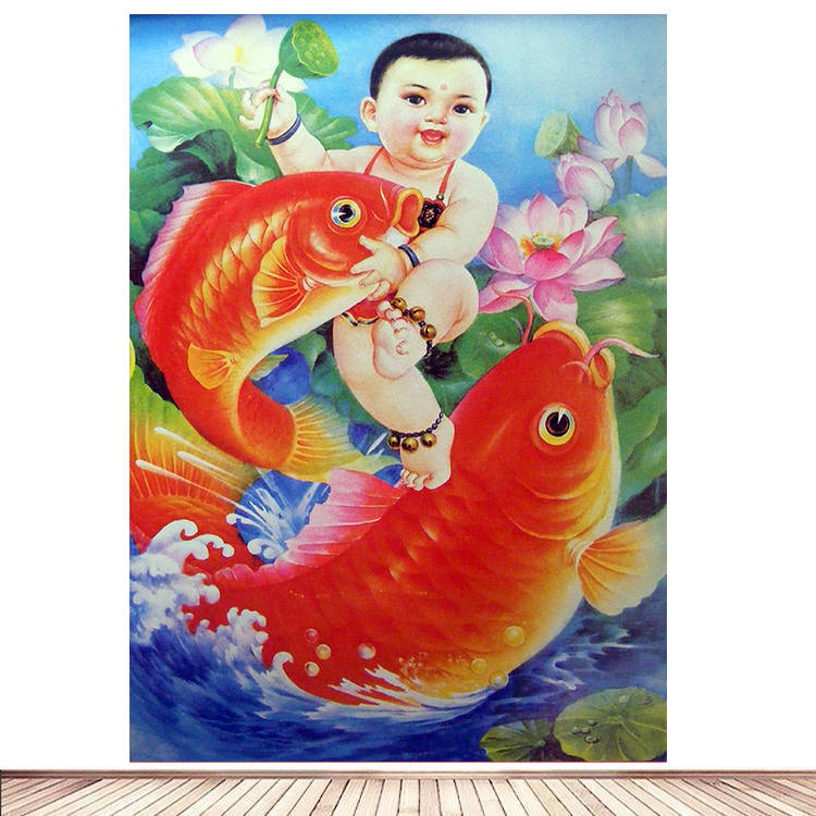 宝宝画送子图金童玉女老式墙贴招财福娃贴纸海报装饰贴画